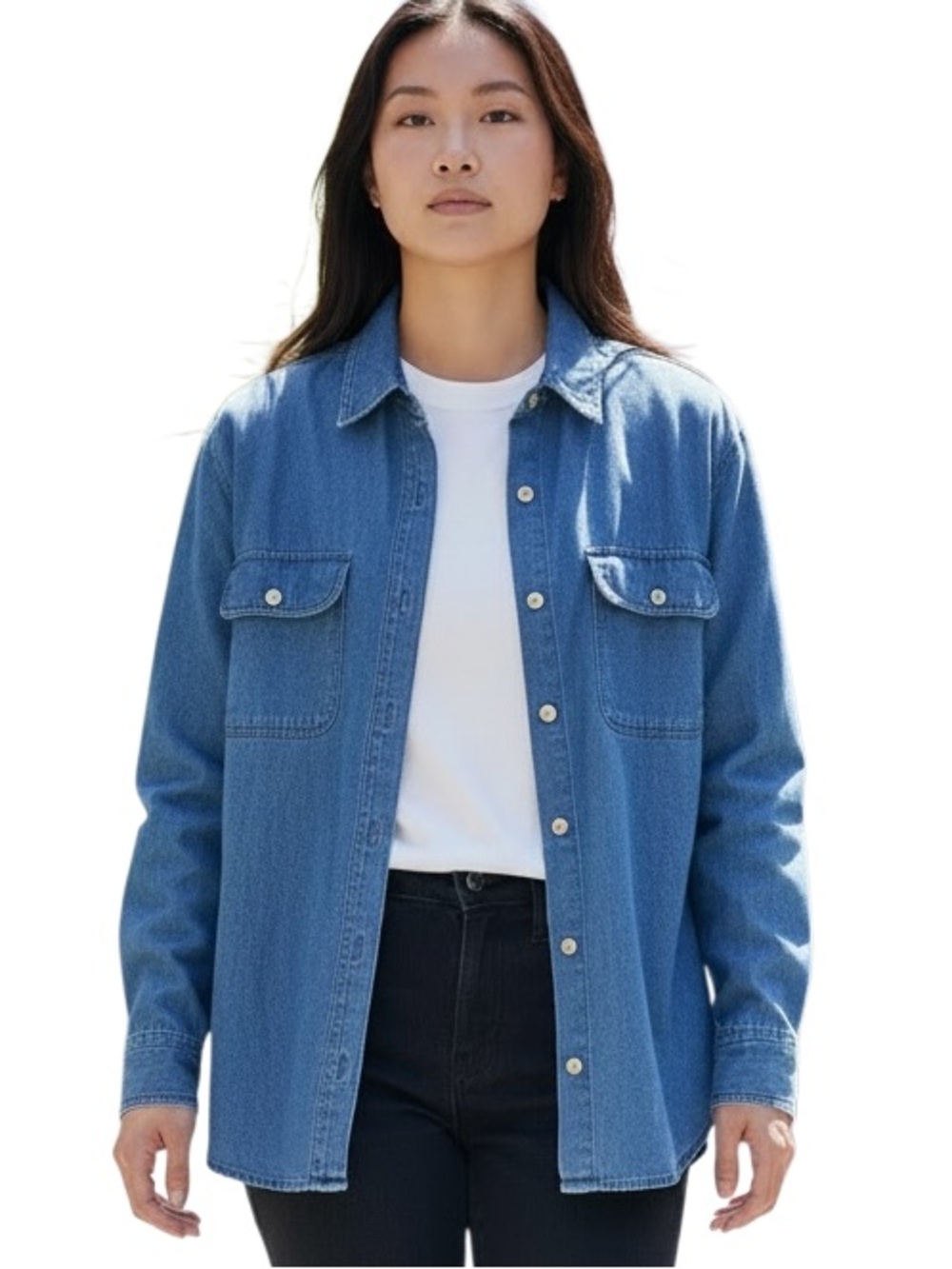 American Rave Woman’s VTG soft blue denim button down collared shirt SZ S 
EUC
